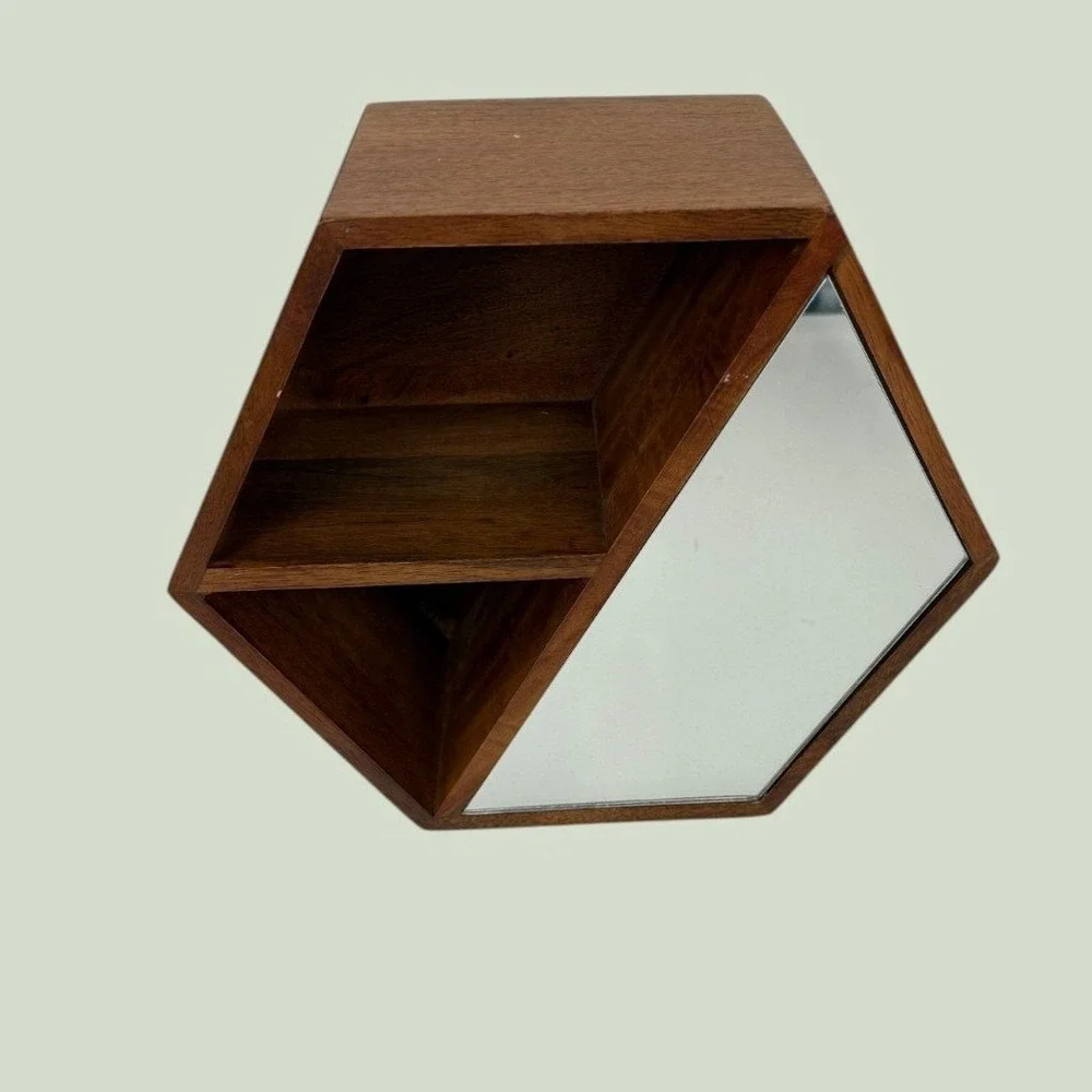 Hexagon Wood Wall Shelf with Mirror and Brass Hooks Geometric Entryway Decor